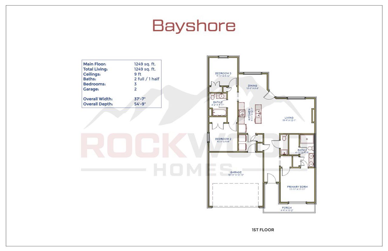 2D floor plan layout for the Bayshore by Rockwood Homes in Fletchers Bend, Clarksville, TN (Image 2).