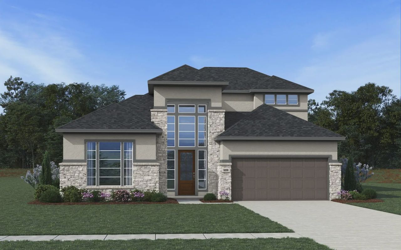 Representative exterior photo of a completed home built from the Melody by Chesmar Homes in Fulshear Lakes, Fulshear, TX (Image 2). Representative exterior photo of a completed home built from the Melody by Chesmar Homes in Fulshear Lakes, Fulshear, TX (Image 2).