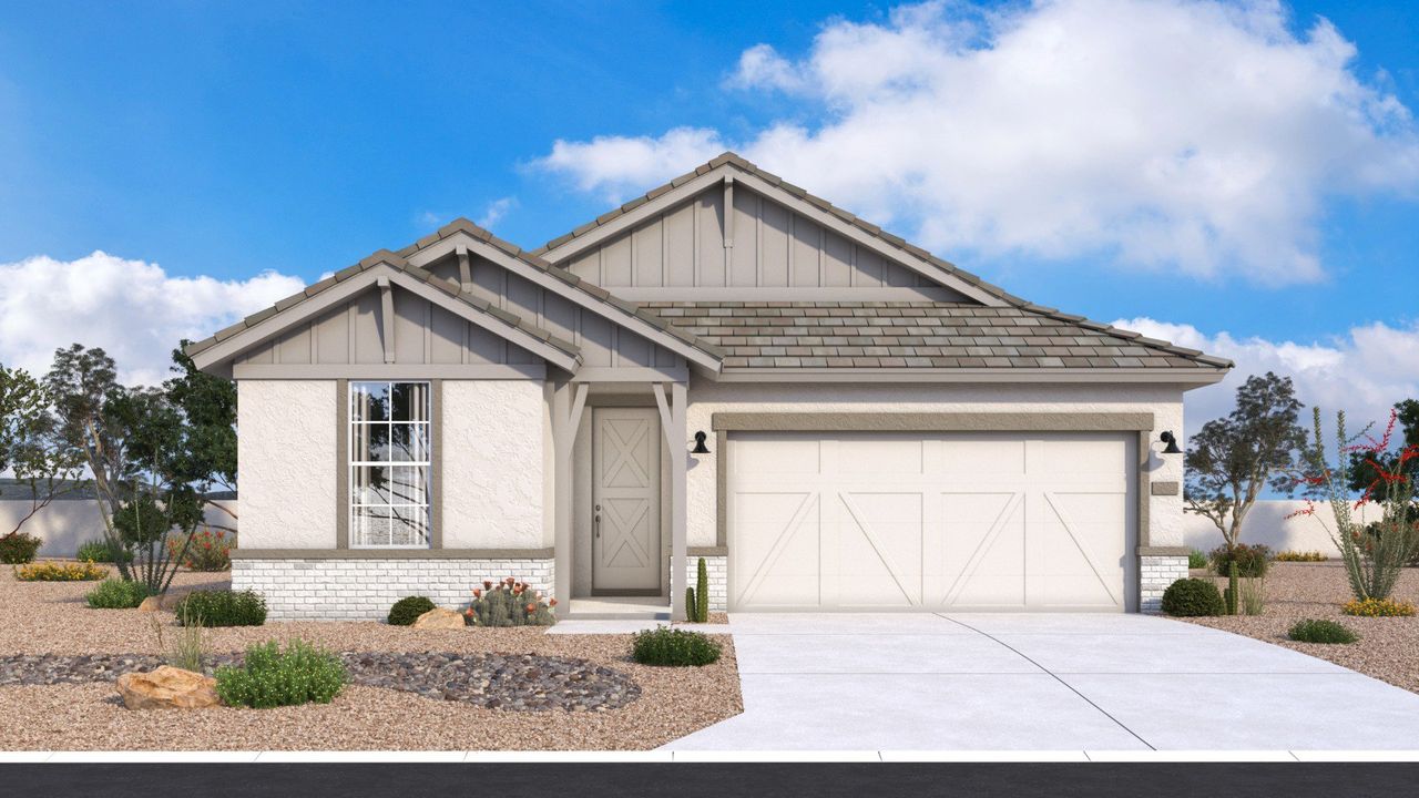 Front exterior of a new home in Apache Farms, Buckeye, AZ, highlighting curb appeal (Image 2).