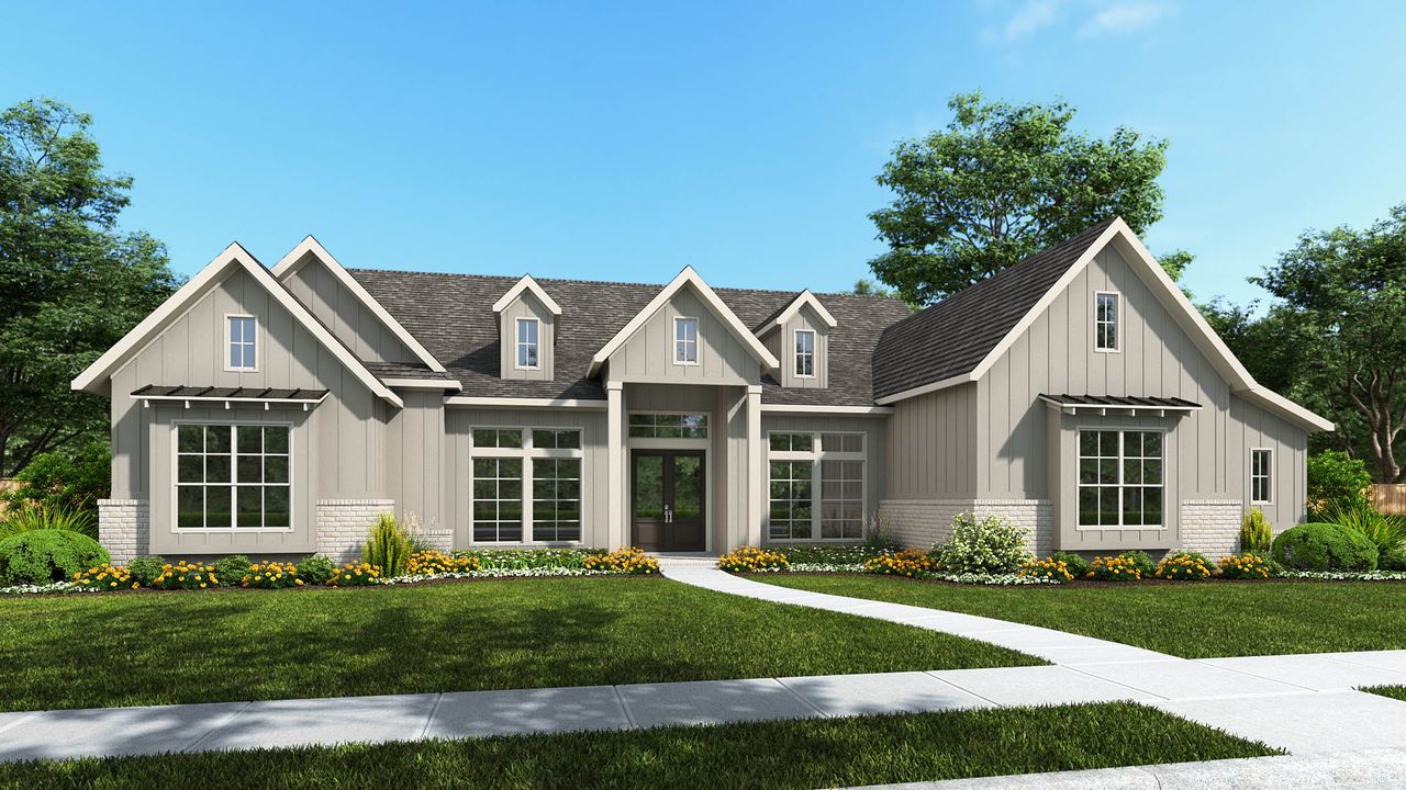 Representative exterior photo of a completed home built from the 4044A by Perry Homes in The Preserve At Elm Creek 1 Acre, New Braunfels, TX (Image 2).
