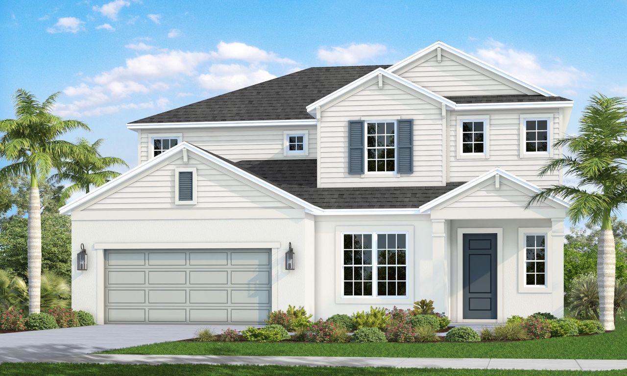 Front exterior of a new home in Canoe Creek, Parrish, FL, highlighting curb appeal (Image 2). Front exterior of a new home in Canoe Creek, Parrish, FL, highlighting curb appeal (Image 2).
