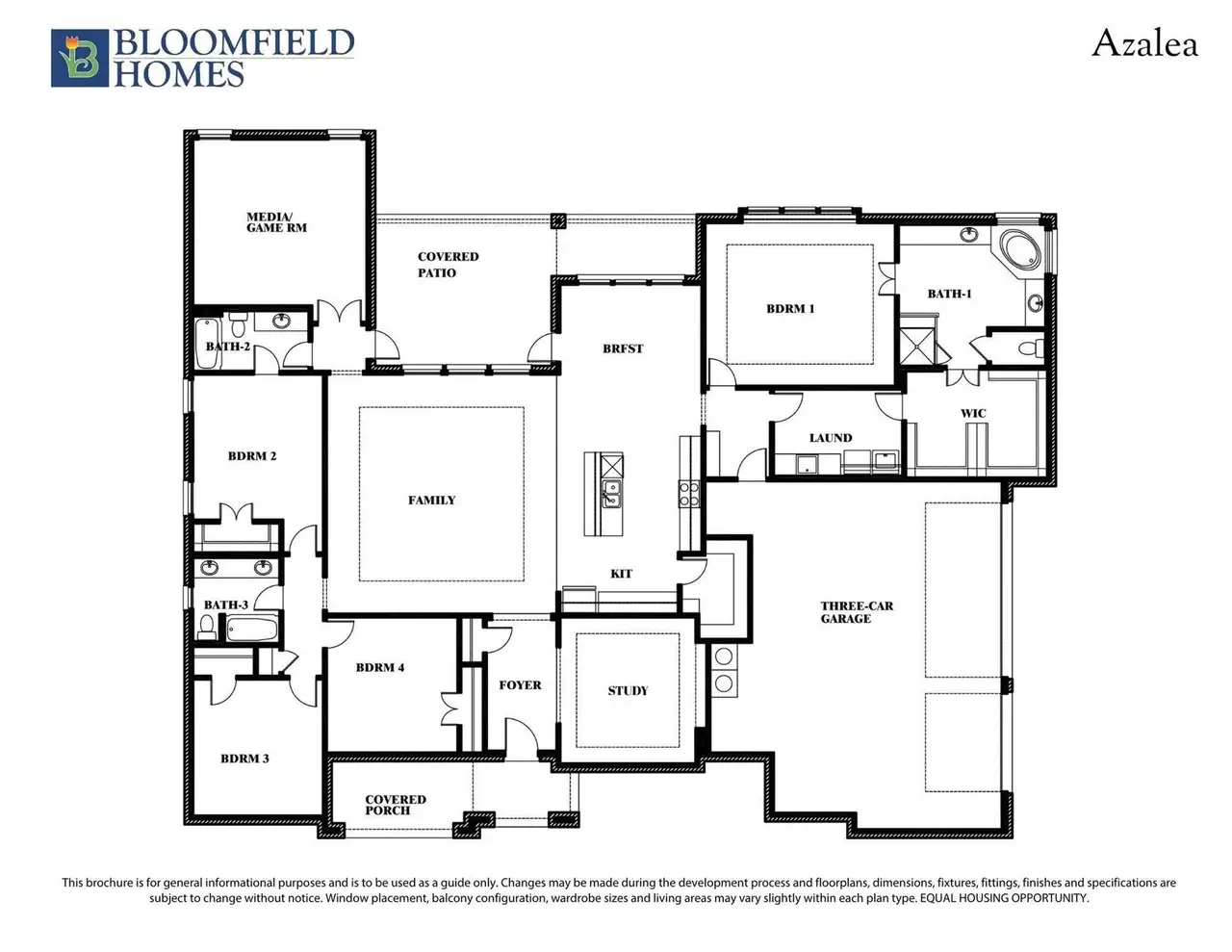 Bloomfield Homes Azalea floor plan with four bedrooms, study, family room, and three-car garage on one level.