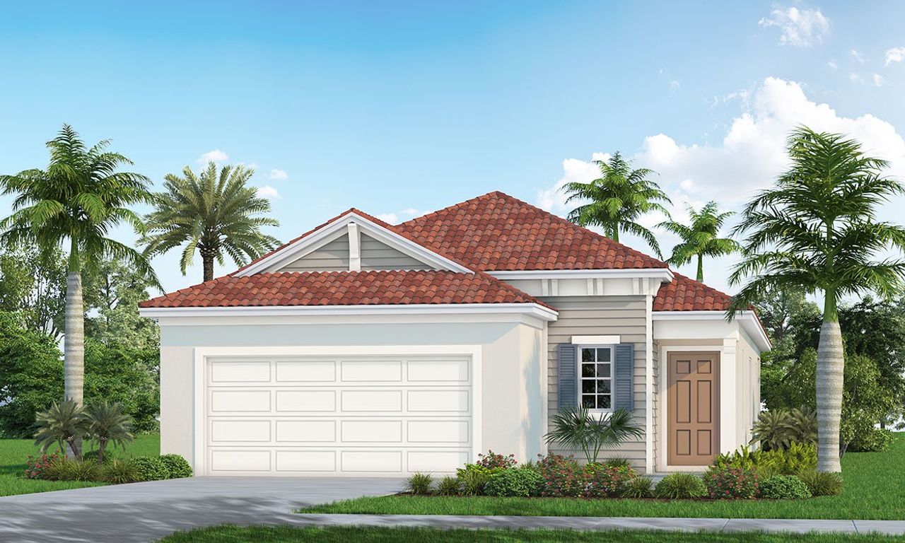 Front exterior of a new home in Grand Park, Sarasota, FL, highlighting curb appeal (Image 2). Front exterior of a new home in Grand Park, Sarasota, FL, highlighting curb appeal (Image 2).
