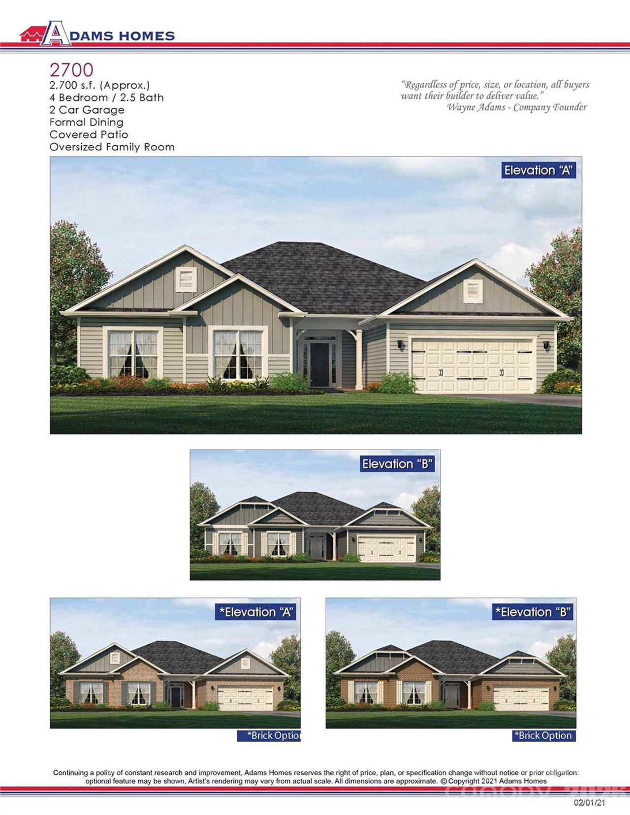 Elevation A with 3 car attached garage not shown in photo