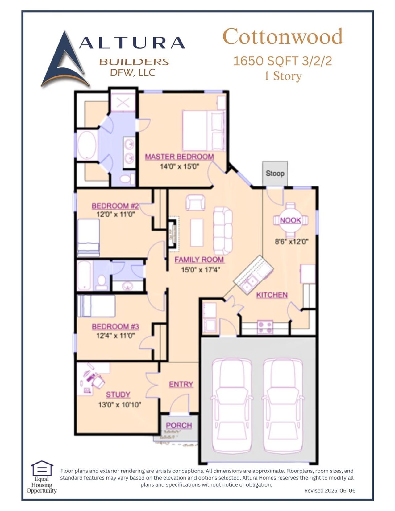 2D floor plan layout for the Cottonwood by Altura Homes in Fox Landing, Caddo Mills, TX (Image 2).