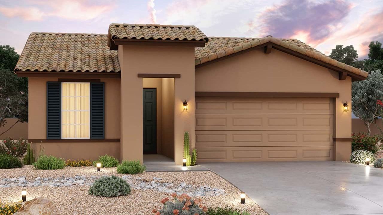 Representative exterior photo of a completed home built from the Larkspur by DRB Homes in Sienna Park, Buckeye, AZ (Image 2). Representative exterior photo of a completed home built from the Larkspur by DRB Homes in Sienna Park, Buckeye, AZ (Image 2).