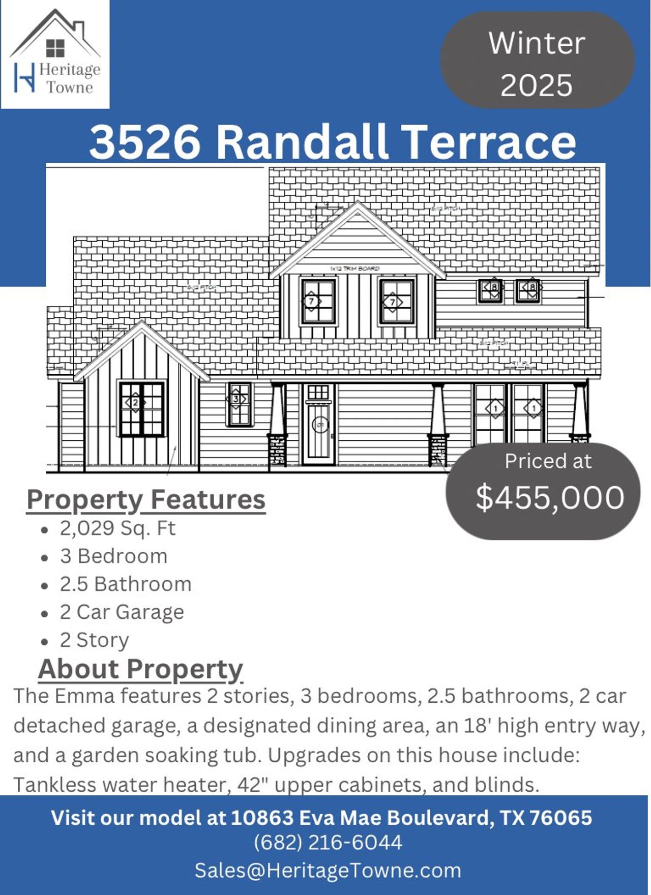 Representative exterior photo of a completed home built from the Emma by Heritage Towne in Heritage Towne, Grand Prairie, TX (Image 2). Representative exterior photo of a completed home built from the Emma by Heritage Towne in Heritage Towne, Grand Prairie, TX (Image 2).