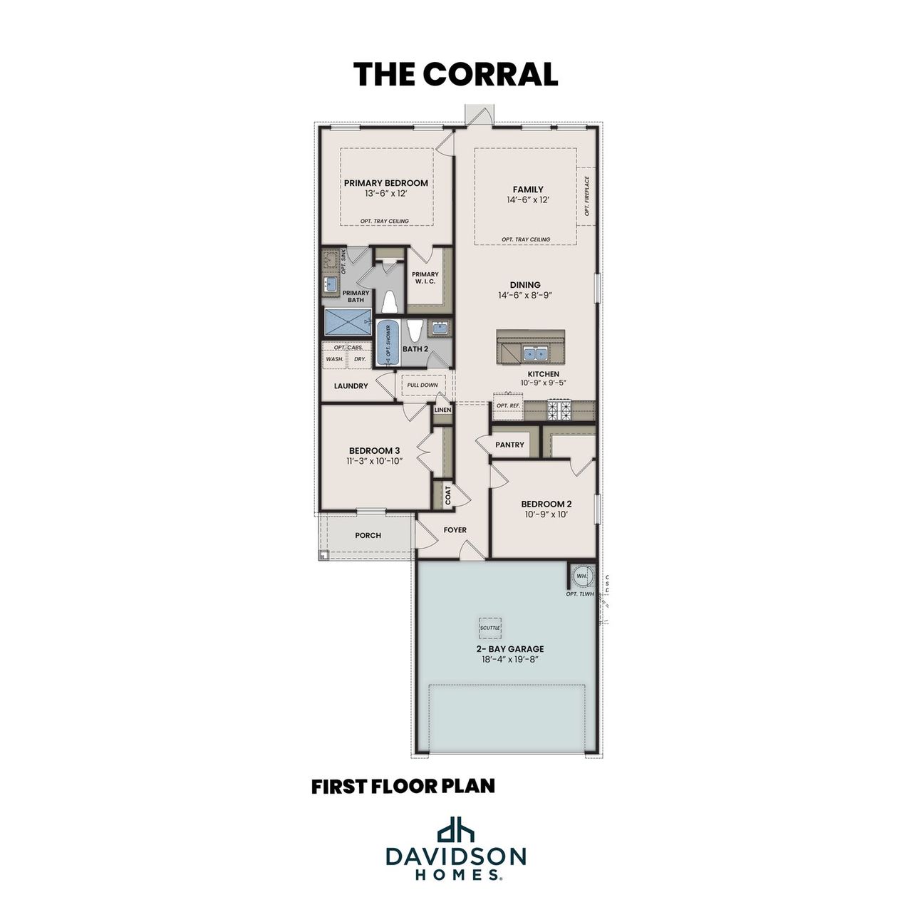 2D floor plan layout for the The Corral A by Davidson Homes LLC in Morgan Meadows, San Antonio, TX (Image 2).