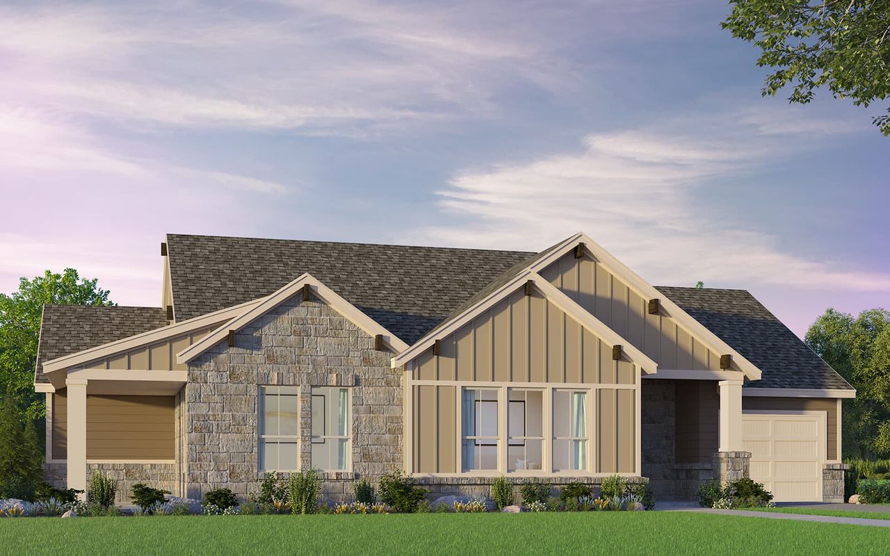 Representative exterior photo of a completed home built from the Whitworth by Brookfield Residential in Cottage at Kissing Tree, San Marcos, TX (Image 2). Representative exterior photo of a completed home built from the Whitworth by Brookfield Residential in Cottage at Kissing Tree, San Marcos, TX (Image 2).