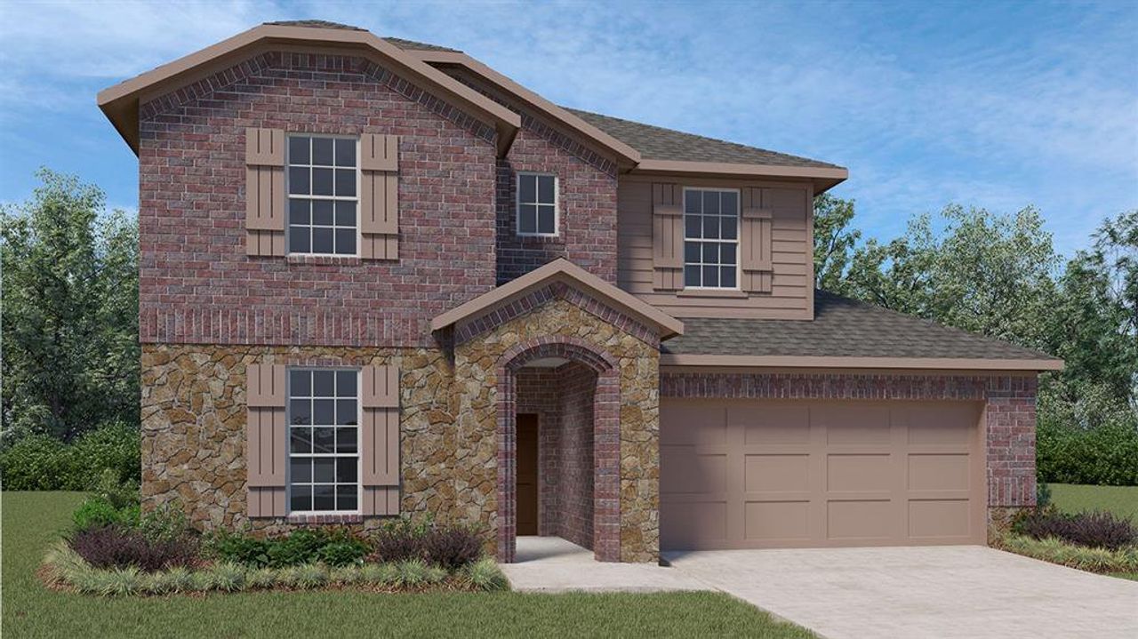 Front exterior of a new home in Liberty Crossing, Royse City, TX, highlighting curb appeal (Image 2). Front exterior of a new home in Liberty Crossing, Royse City, TX, highlighting curb appeal (Image 2).