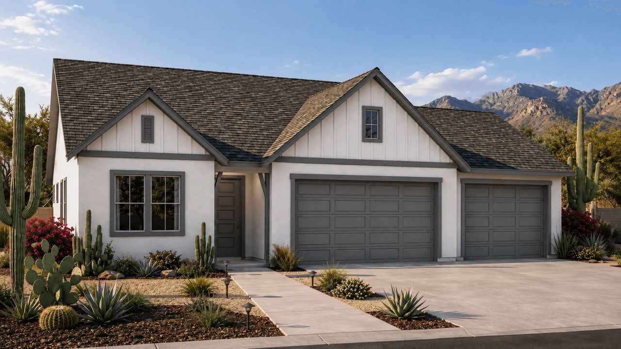 Representative exterior photo of a completed home built from the Encanto by William Ryan Homes in Silver Cross, San Tan Valley, AZ (Image 2). Representative exterior photo of a completed home built from the Encanto by William Ryan Homes in Silver Cross, San Tan Valley, AZ (Image 2).