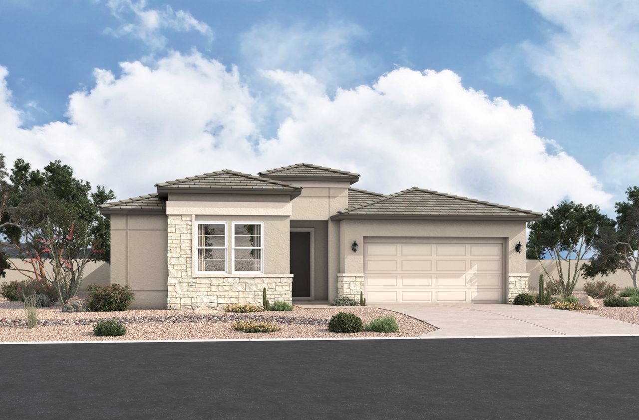 Representative exterior photo of a completed home built from the Wellington by Beazer Homes in Marbella at Windrose, Waddell, AZ (Image 2).