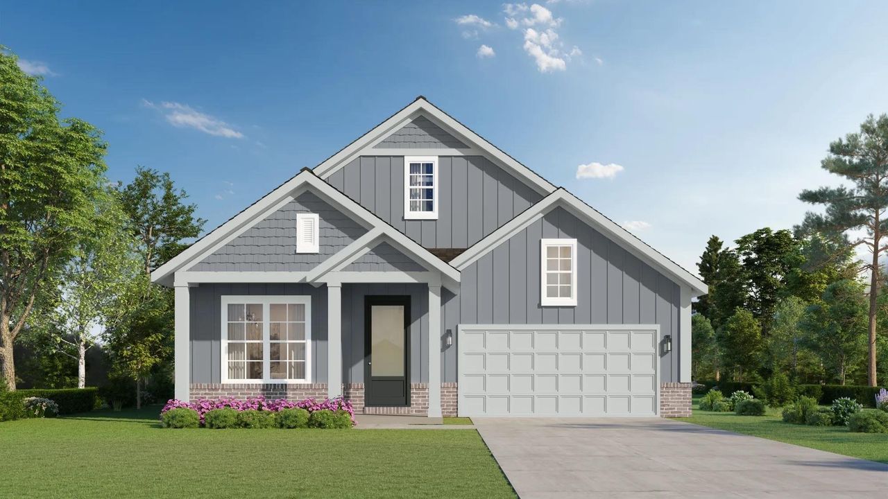 Single-story residence featuring a gray siding and brick exterior, an attached two-car garage, a covered entry porch, and a manicured lawn