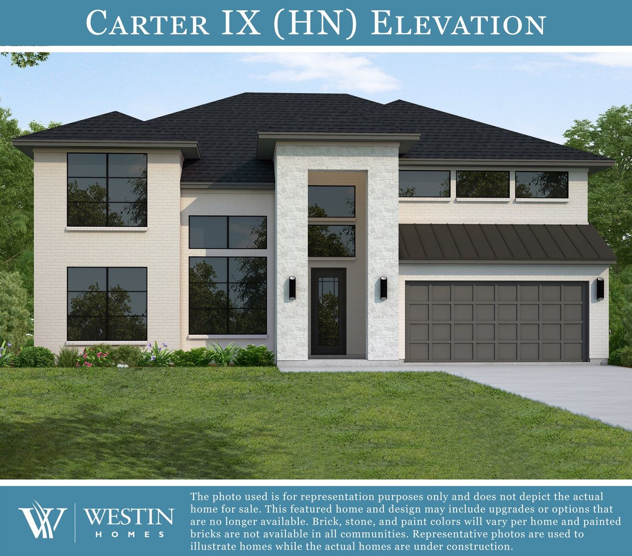 Representative exterior photo of a completed home built from the The Carter IX by Westin Homes in Meridiana - 60', Manvel, TX (Image 2). Representative exterior photo of a completed home built from the The Carter IX by Westin Homes in Meridiana - 60', Manvel, TX (Image 2).