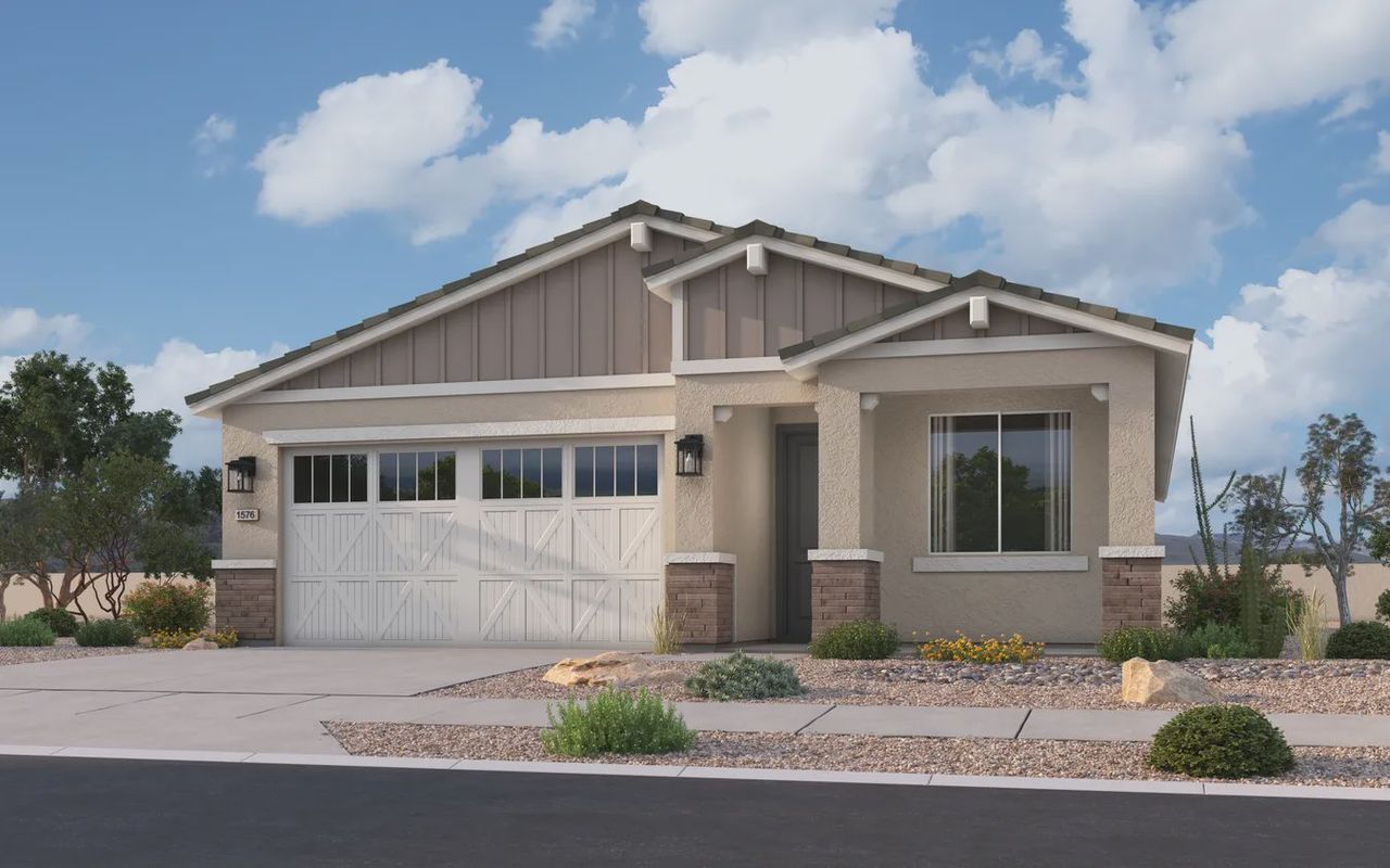 Front exterior of a new home in Camilo at Santana, Yuma, AZ, highlighting curb appeal (Image 2).