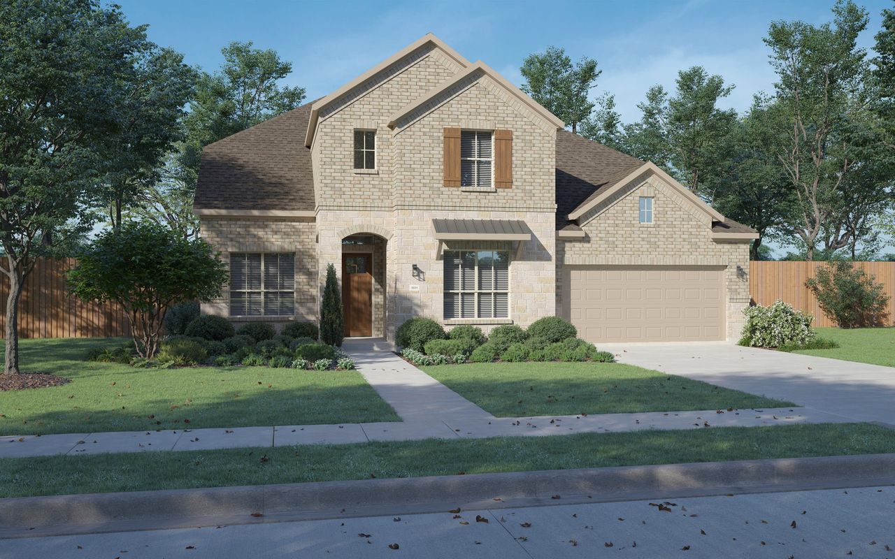 Front exterior of a new home in Painted Tree Lakeside, McKinney, TX, highlighting curb appeal (Image 2).