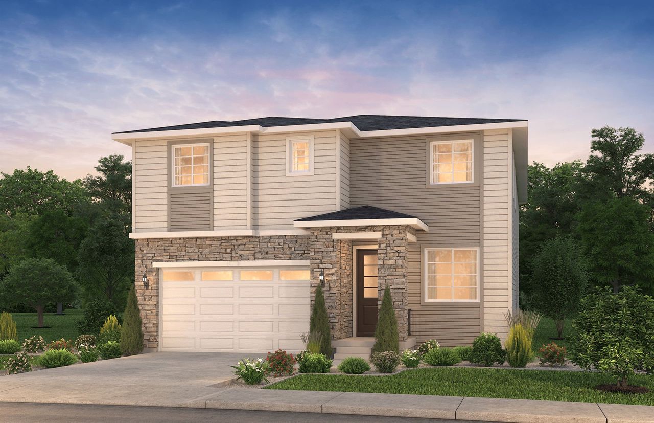 Front exterior of a new home in Harvest Crossing, Aurora, CO, highlighting curb appeal (Image 2).