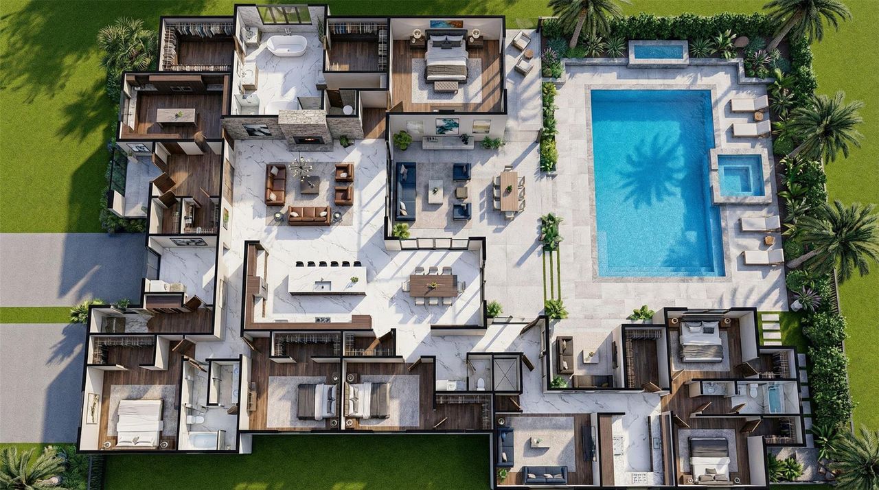 Virtually staged. Pool 20x34, water dimensions 18x32.