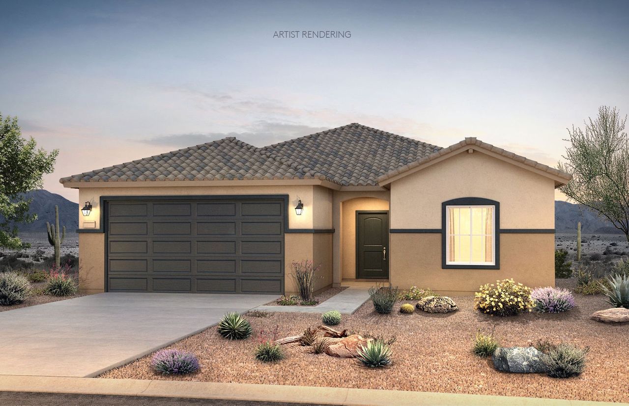 Front exterior of a new home in Copper Falls, Buckeye, AZ, highlighting curb appeal (Image 2).