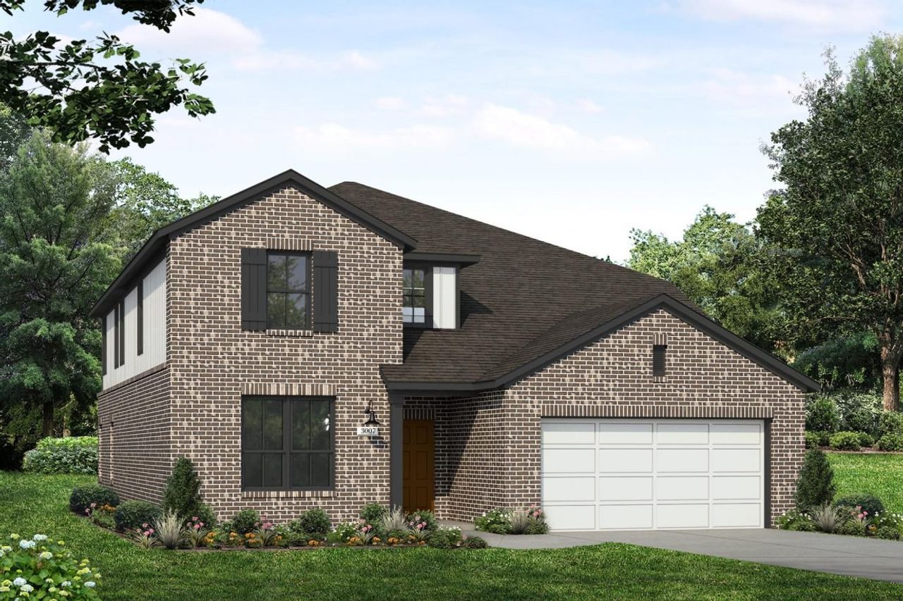 Rendering of two story home with white stucco, siding, garage, black accents, and dark brick, driveway, and landscaping Rendering of two story home with white stucco, siding, garage, black accents, and dark brick, driveway, and landscaping