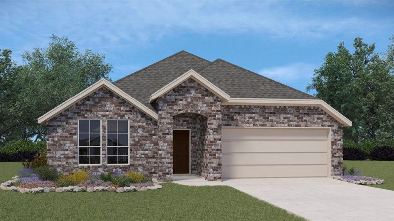 Front exterior of a new home in Woodcreek, Fate, TX, highlighting curb appeal (Image 2). Front exterior of a new home in Woodcreek, Fate, TX, highlighting curb appeal (Image 2).