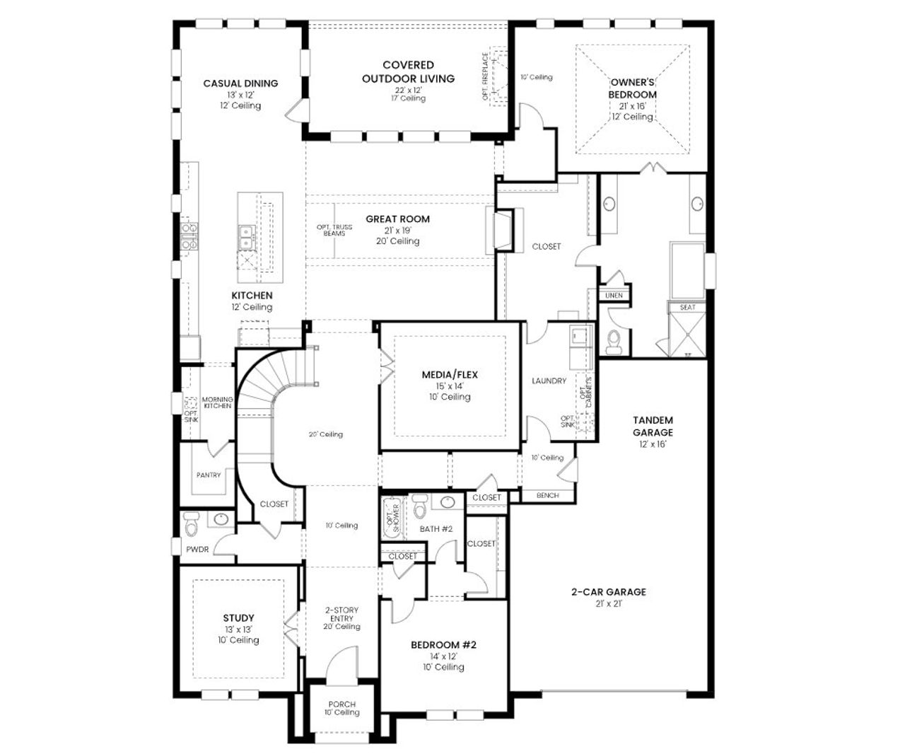 2D floor plan layout for the Plan 6061 by Tradition Homes in Mosaic – 70′ Lots, Prosper, TX (Image 2). 2D floor plan layout for the Plan 6061 by Tradition Homes in Mosaic – 70′ Lots, Prosper, TX (Image 2).