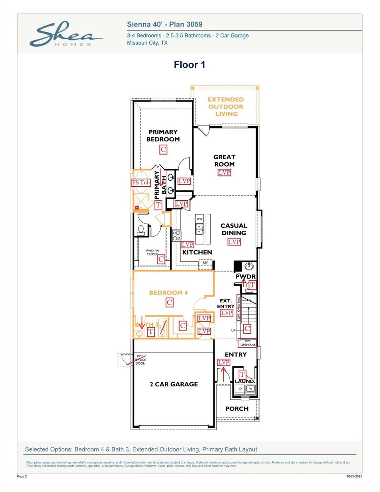 2D floor plan layout of this home in Sienna 40', Missouri City, TX (Image 2).