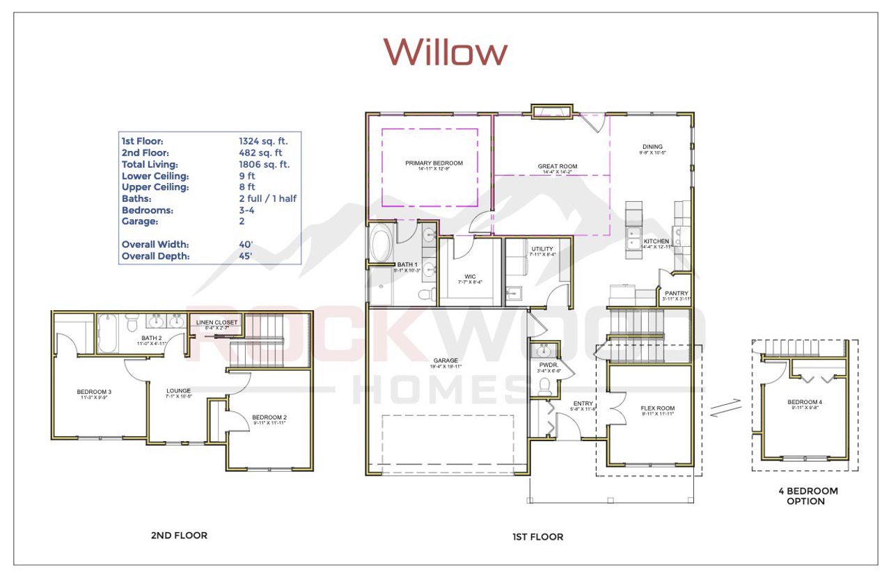 2D floor plan layout for the Willow by Rockwood Homes in Cherry Fields, Clarksville, TN (Image 2). 2D floor plan layout for the Willow by Rockwood Homes in Cherry Fields, Clarksville, TN (Image 2).