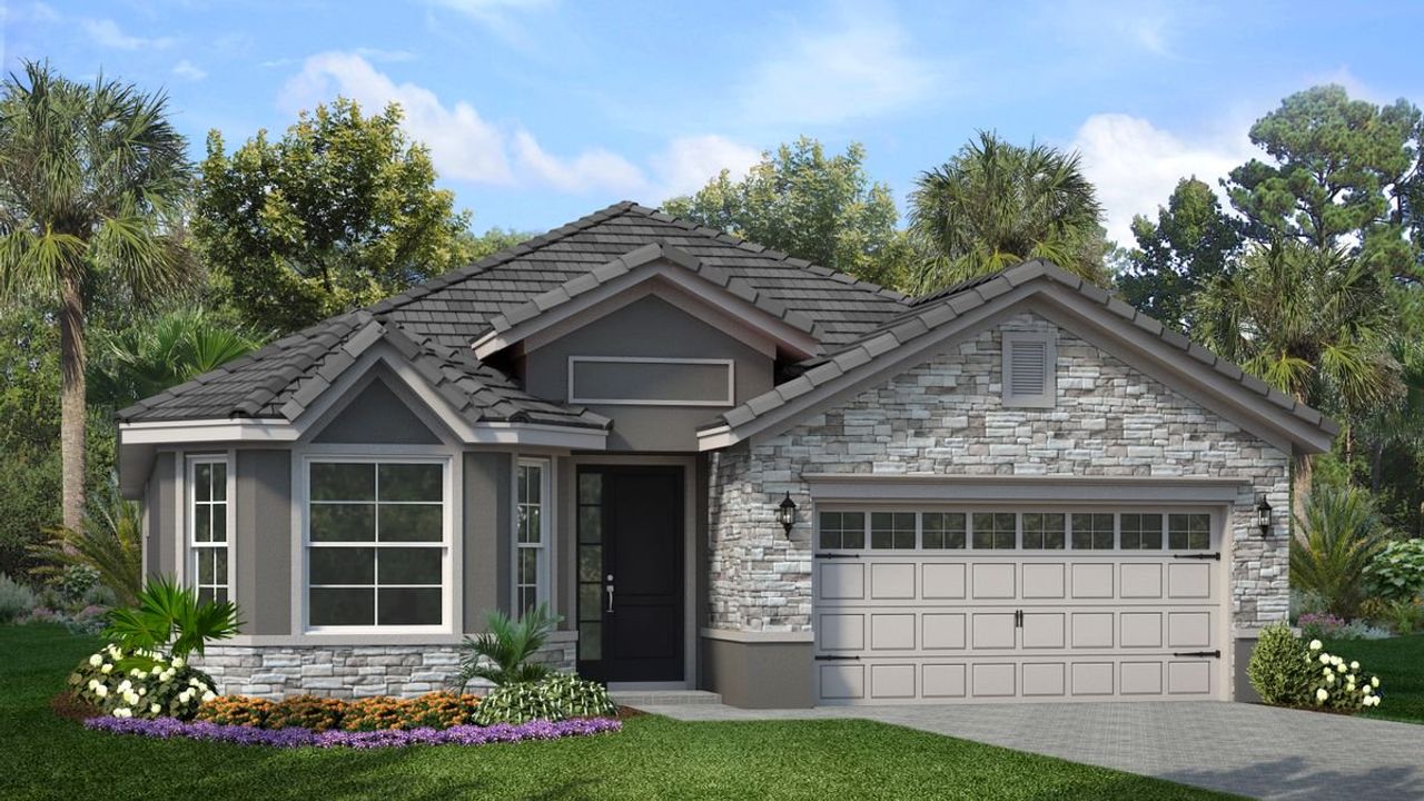 Representative exterior photo of a completed home built from the Hampton II by Park Square Residential in Tamarack at Two Rivers, Zephyrhills, FL (Image 2). Representative exterior photo of a completed home built from the Hampton II by Park Square Residential in Tamarack at Two Rivers, Zephyrhills, FL (Image 2).