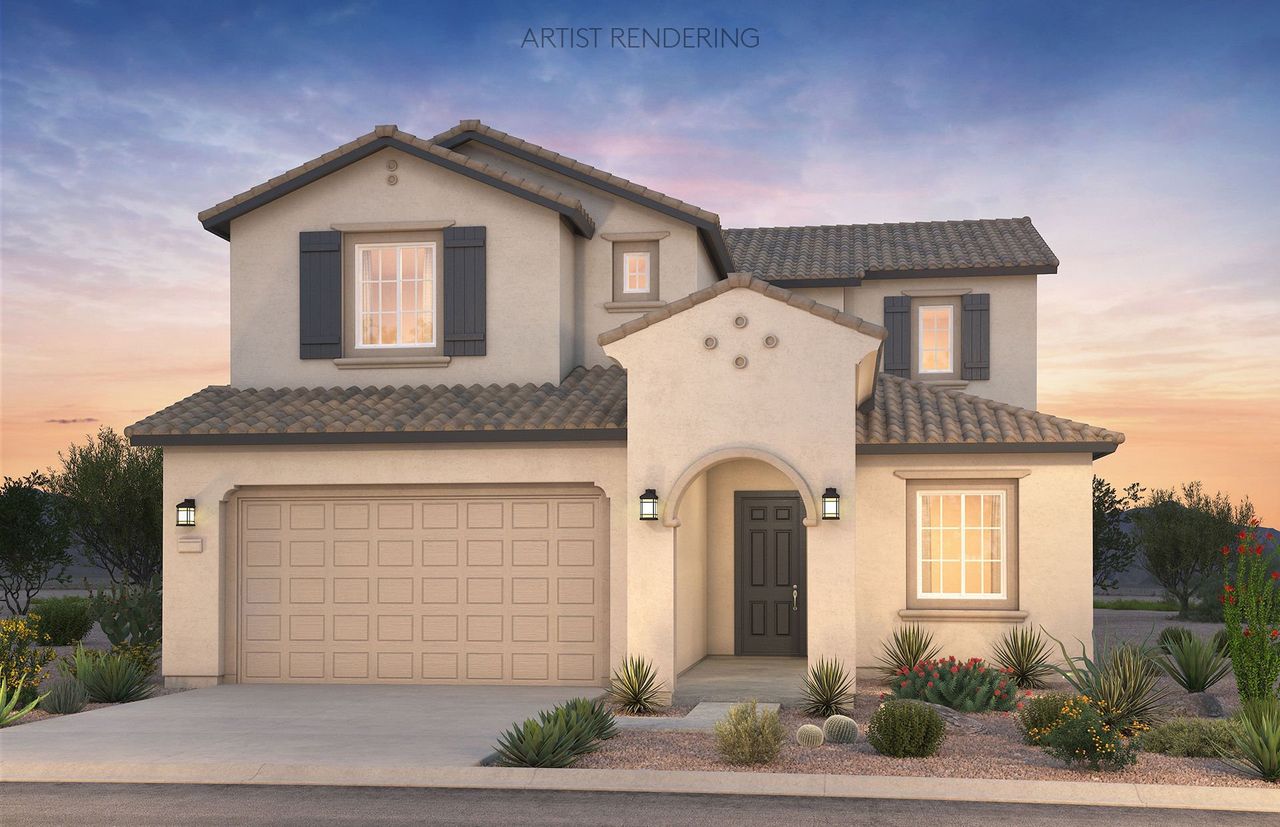 Front exterior of a new home in Jorde Farms, Queen Creek, AZ, highlighting curb appeal (Image 2). Front exterior of a new home in Jorde Farms, Queen Creek, AZ, highlighting curb appeal (Image 2).