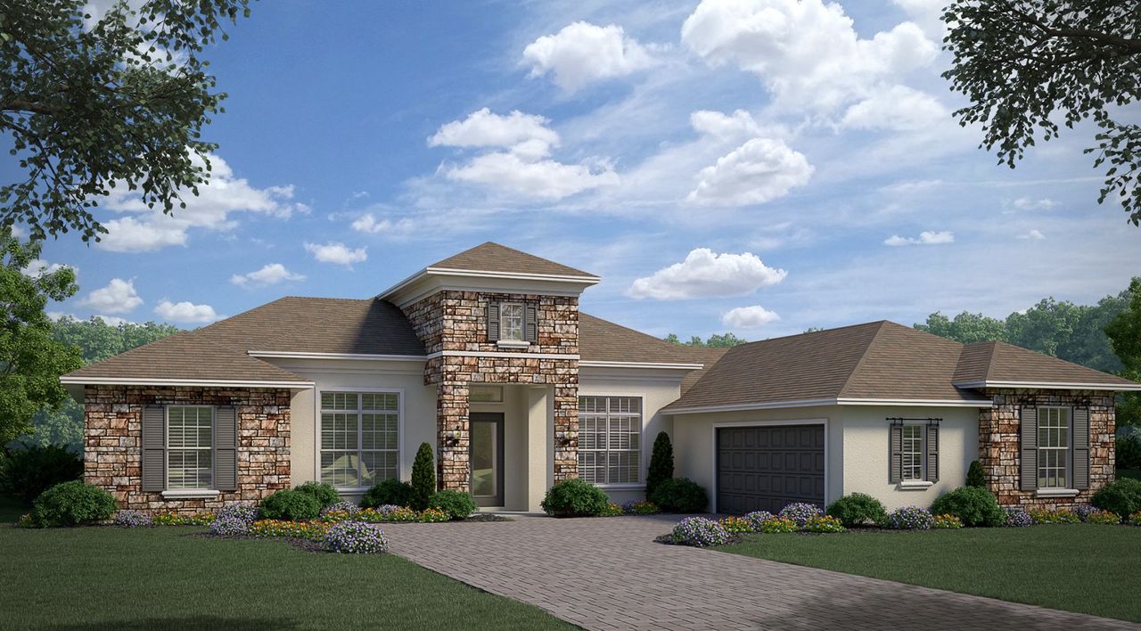 Representative exterior photo of a completed home built from the The Cortona by Sunrise Homes in Lake Toscana, Wimauma, FL (Image 2).