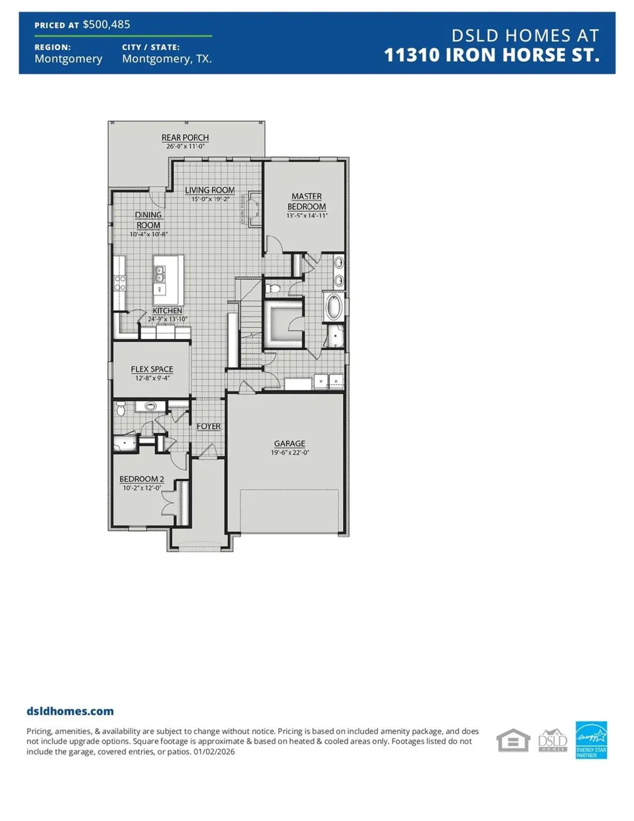 2D floor plan layout of this home in Two Step Farm, Montgomery, TX (Image 2).