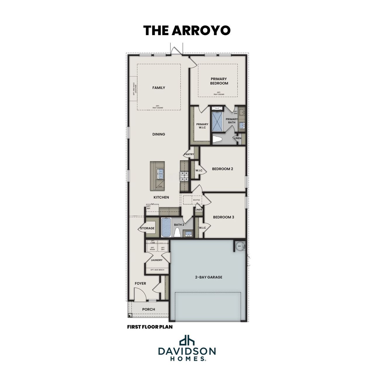 2D floor plan layout for the The Arroyo A by Davidson Homes LLC in Morgan Meadows, San Antonio, TX (Image 2).