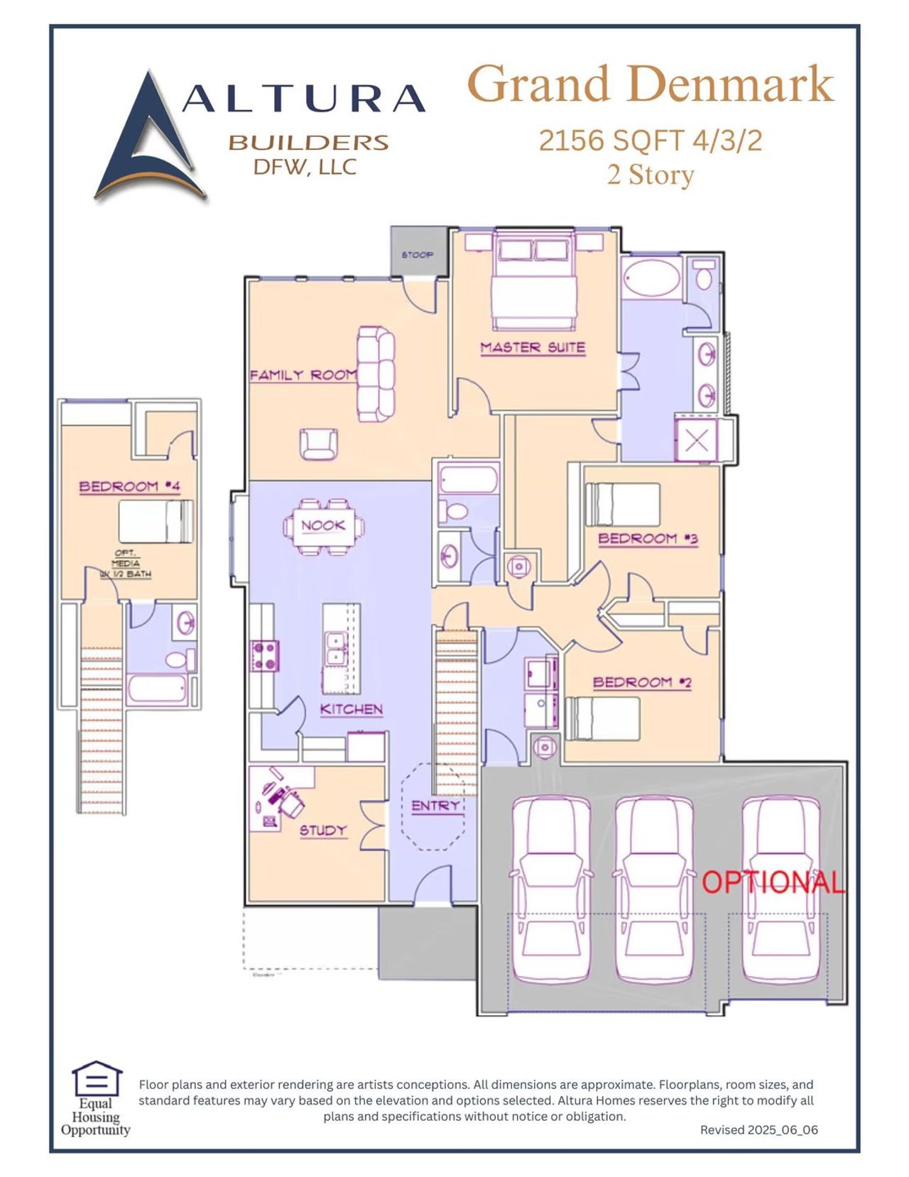 2D floor plan layout for the Grand Denmark by Altura Homes in Fox Landing, Caddo Mills, TX (Image 2).