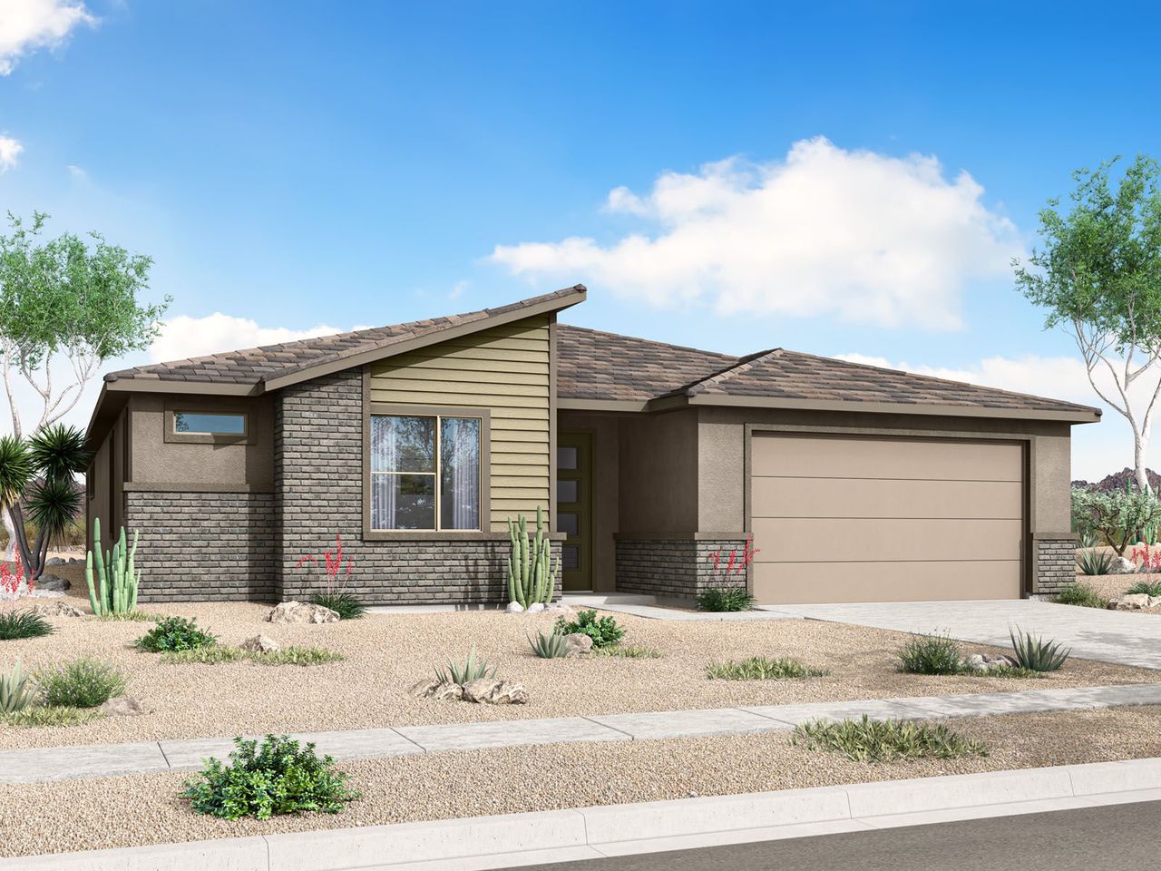 Representative exterior photo of a completed home built from the Flint by Mattamy Homes in Las Ventanas, Goodyear, AZ (Image 2). Representative exterior photo of a completed home built from the Flint by Mattamy Homes in Las Ventanas, Goodyear, AZ (Image 2).