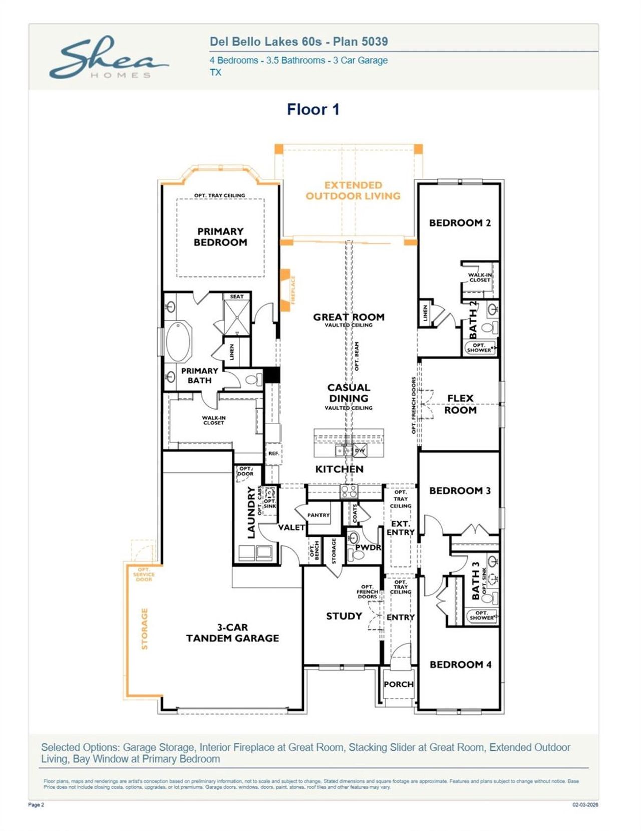 2D floor plan layout of this home in Del Bello Lakes 60', Manvel, TX (Image 2).