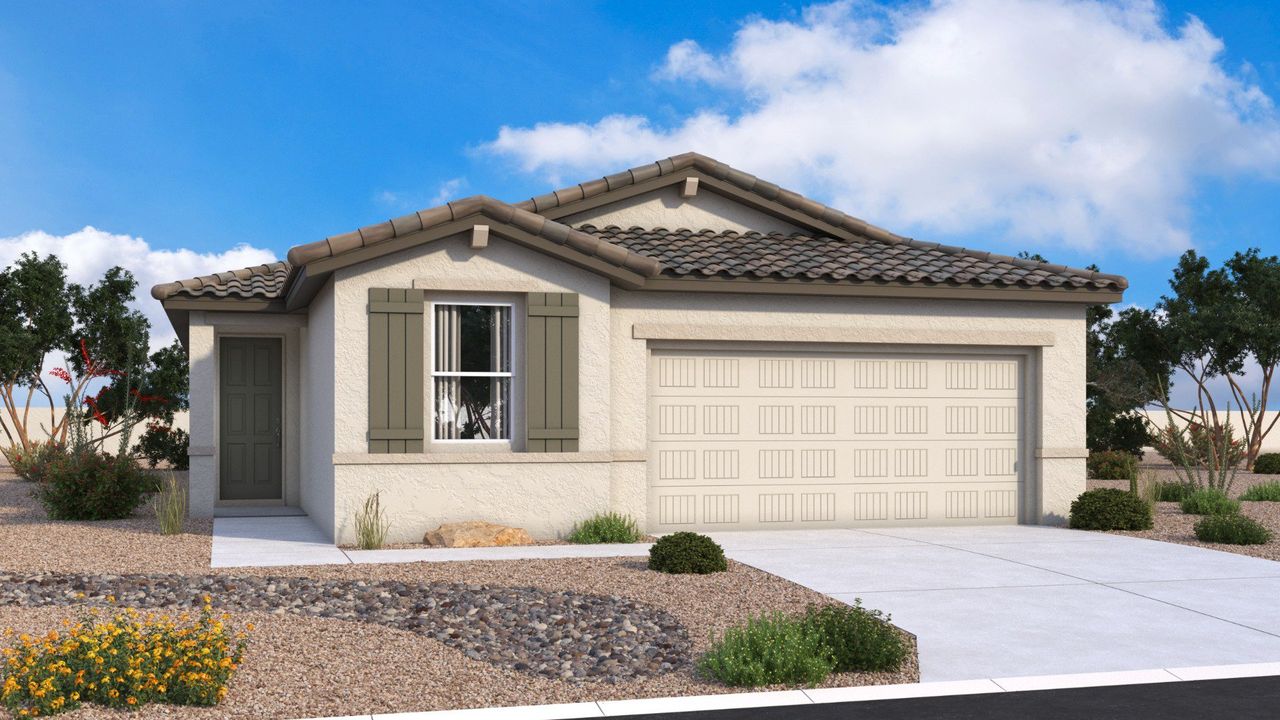 Representative exterior photo of a completed home built from the Prescott by DRB Homes in Magma Ranch, Florence, AZ (Image 2).