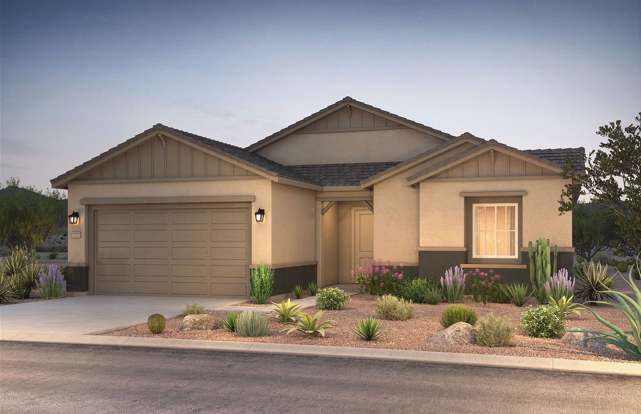 Front exterior of a new home in Artisan at Asante, Surprise, AZ, highlighting curb appeal (Image 2).