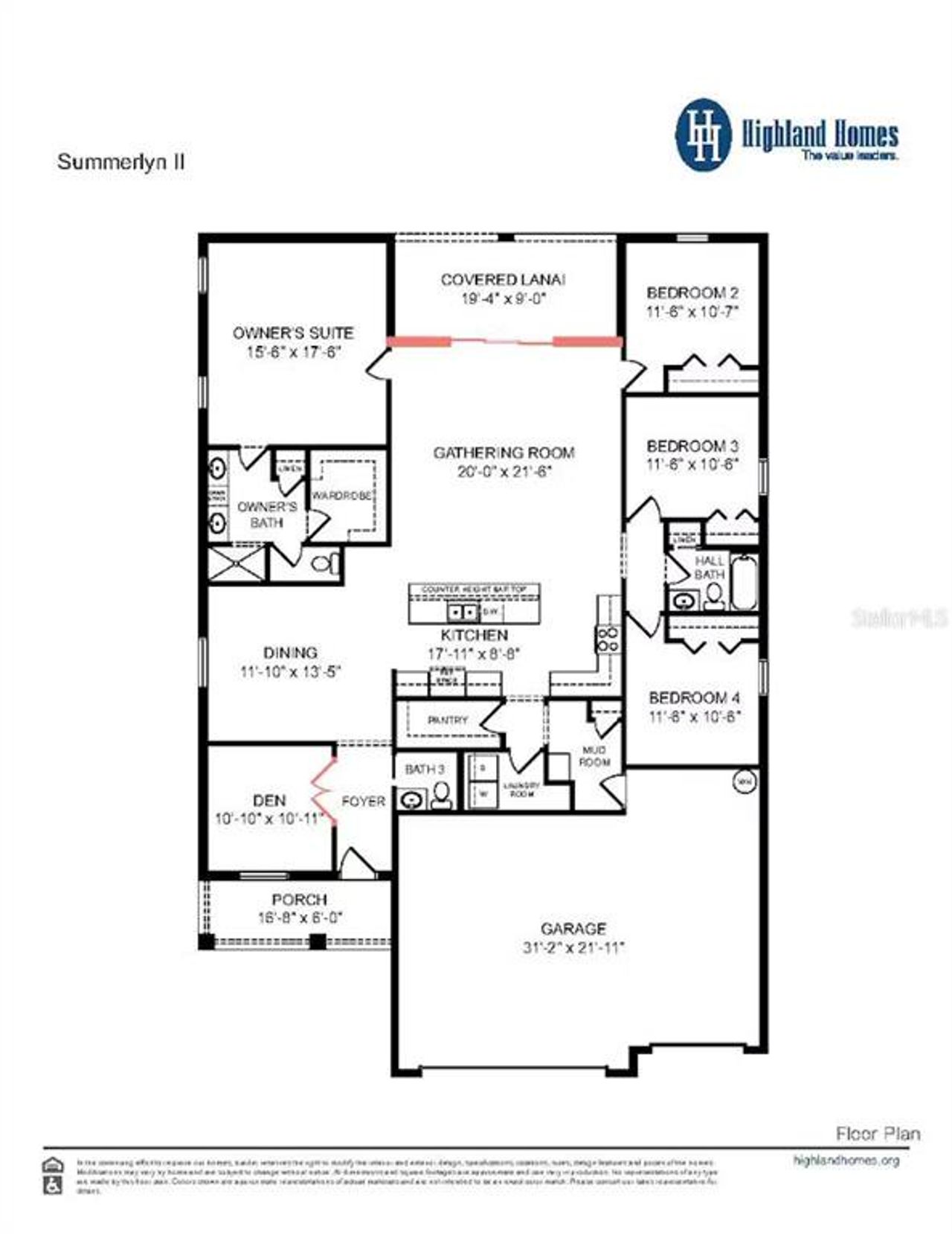 2D floor plan layout of this home in Gardens at Lancaster Park, St. Cloud, FL (Image 2).