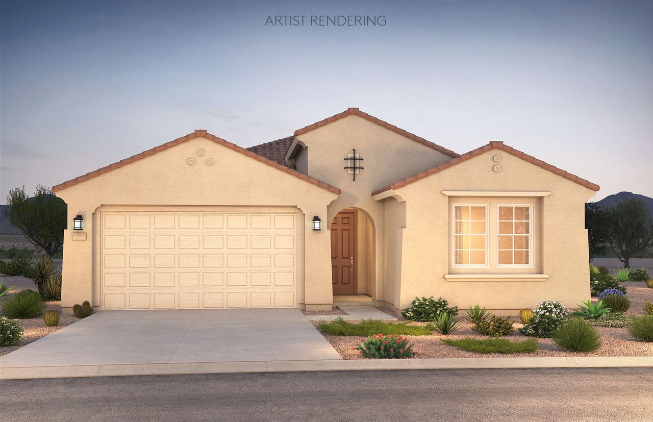 Front exterior of a new home in Blossom Rock, Apache Junction, AZ, highlighting curb appeal (Image 2).