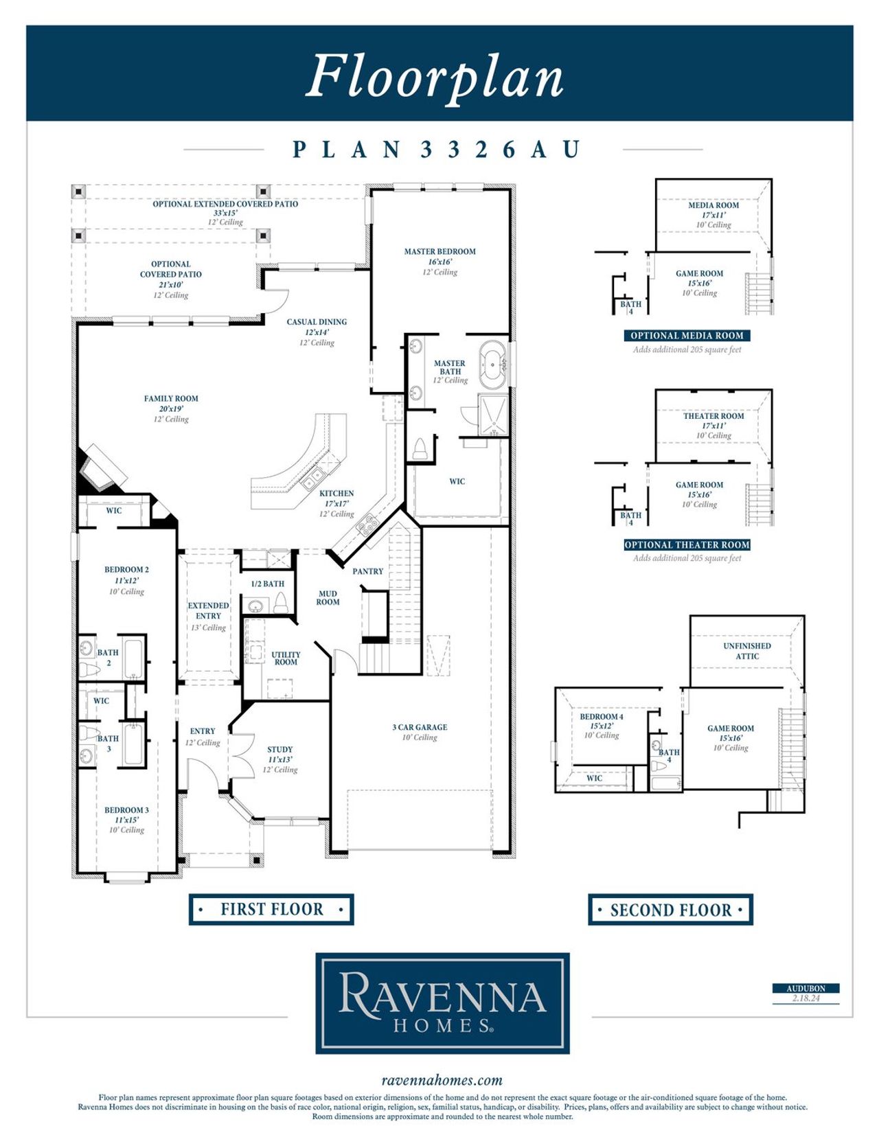 2D floor plan layout for the Plan 3326AU by Ravenna Homes in Audubon 60', Pinehurst, TX (Image 2).
