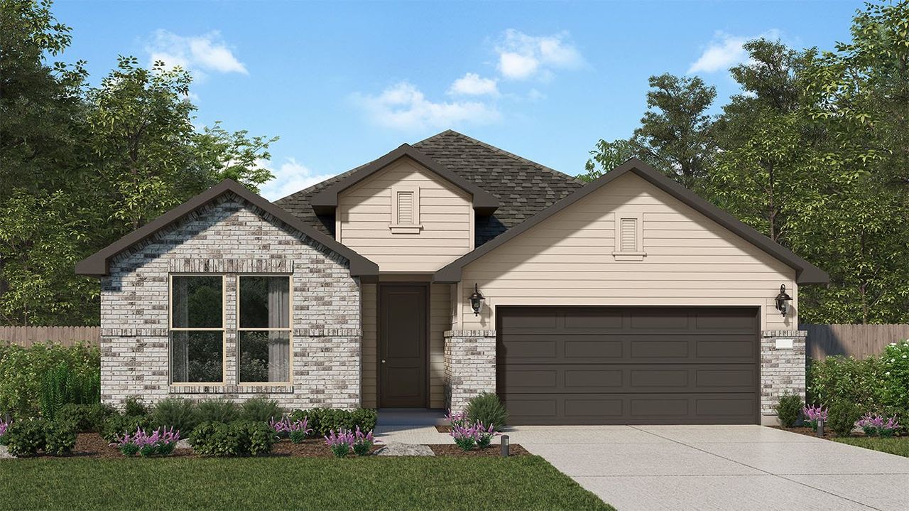 Representative exterior photo of a completed home built from the Levi by New Home Co. in The Canopies, Splendora, TX (Image 2). Representative exterior photo of a completed home built from the Levi by New Home Co. in The Canopies, Splendora, TX (Image 2).