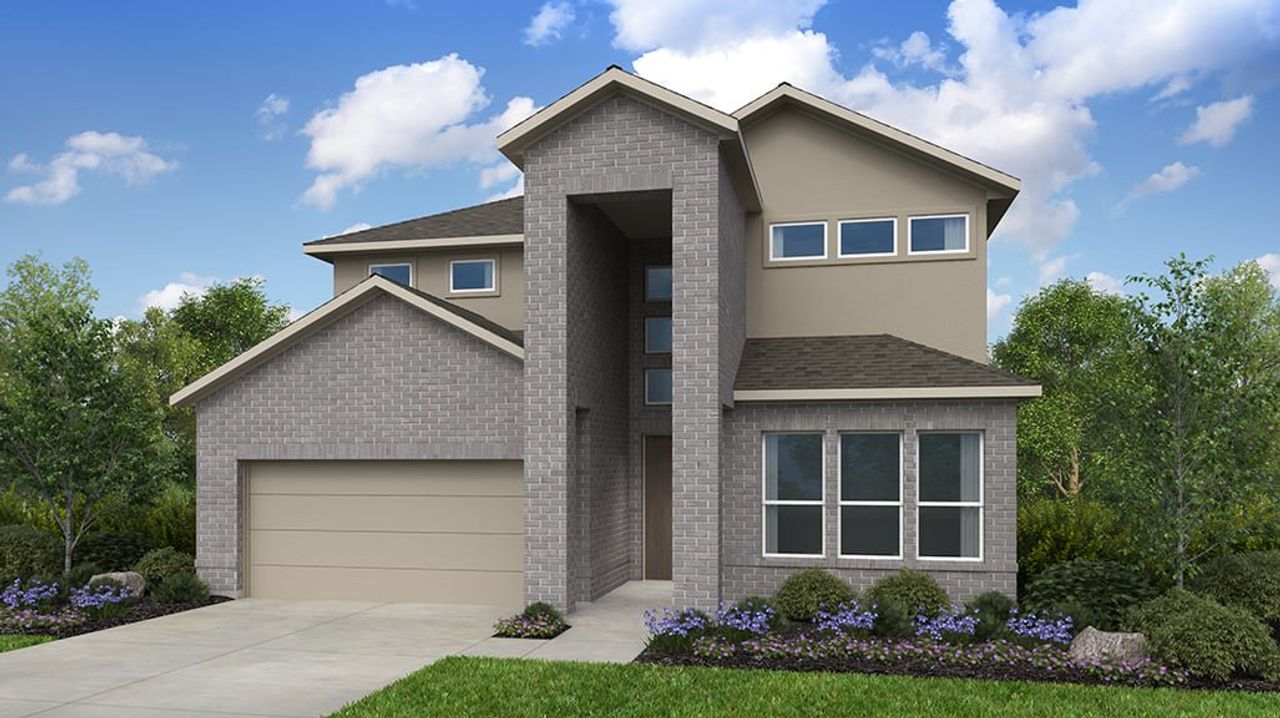 Representative exterior photo of a completed home built from the Duval by Taylor Morrison in Easton Park, Austin, TX (Image 2). Representative exterior photo of a completed home built from the Duval by Taylor Morrison in Easton Park, Austin, TX (Image 2).
