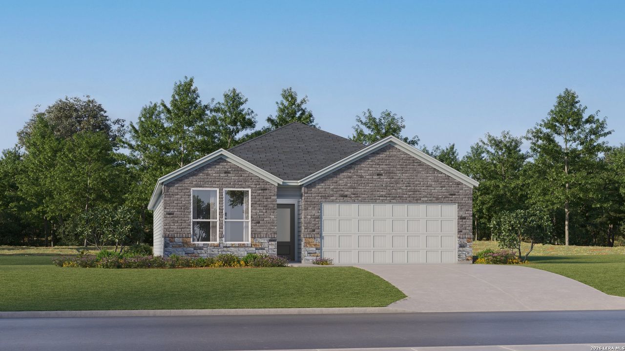 Front exterior of a new home in Smiley Ranch, San Antonio, TX, highlighting curb appeal (Image 2).