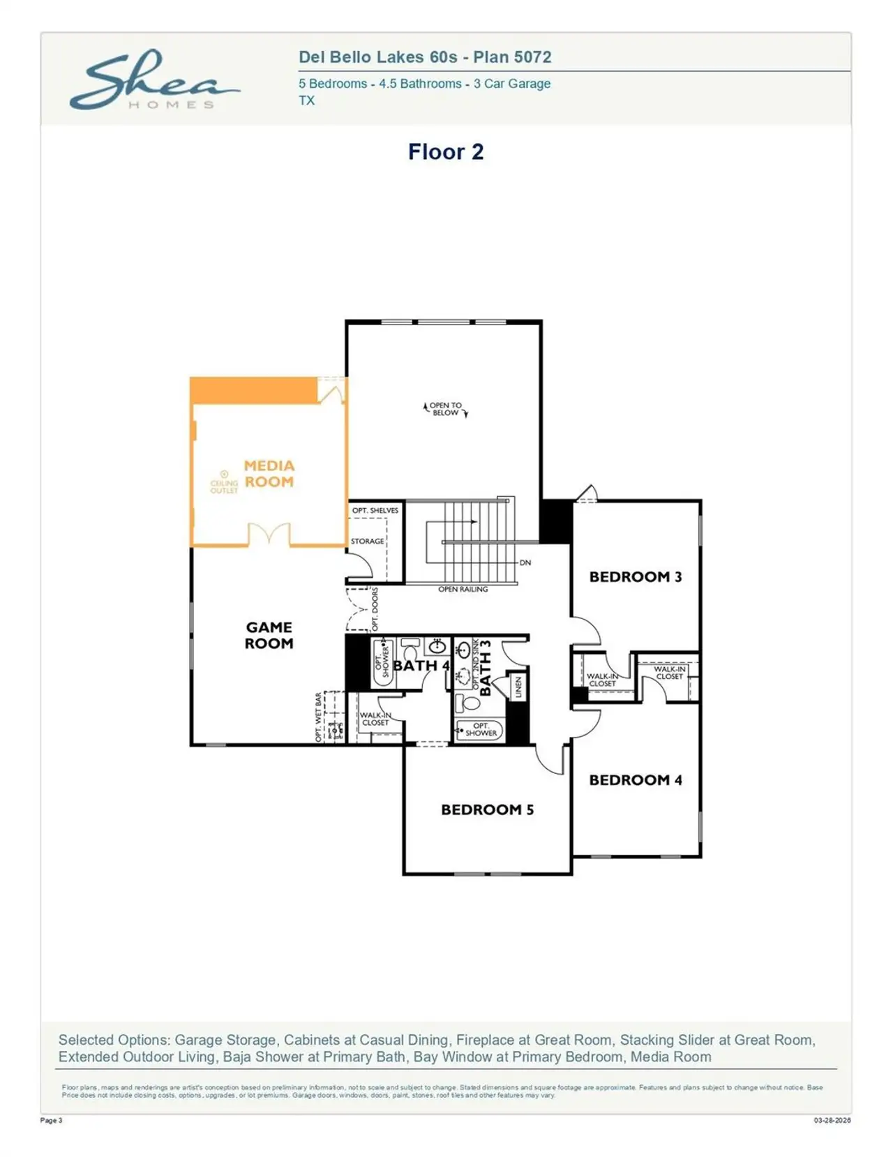 2D floor plan layout of this home in Del Bello Lakes 60', Manvel, TX (Image 2).