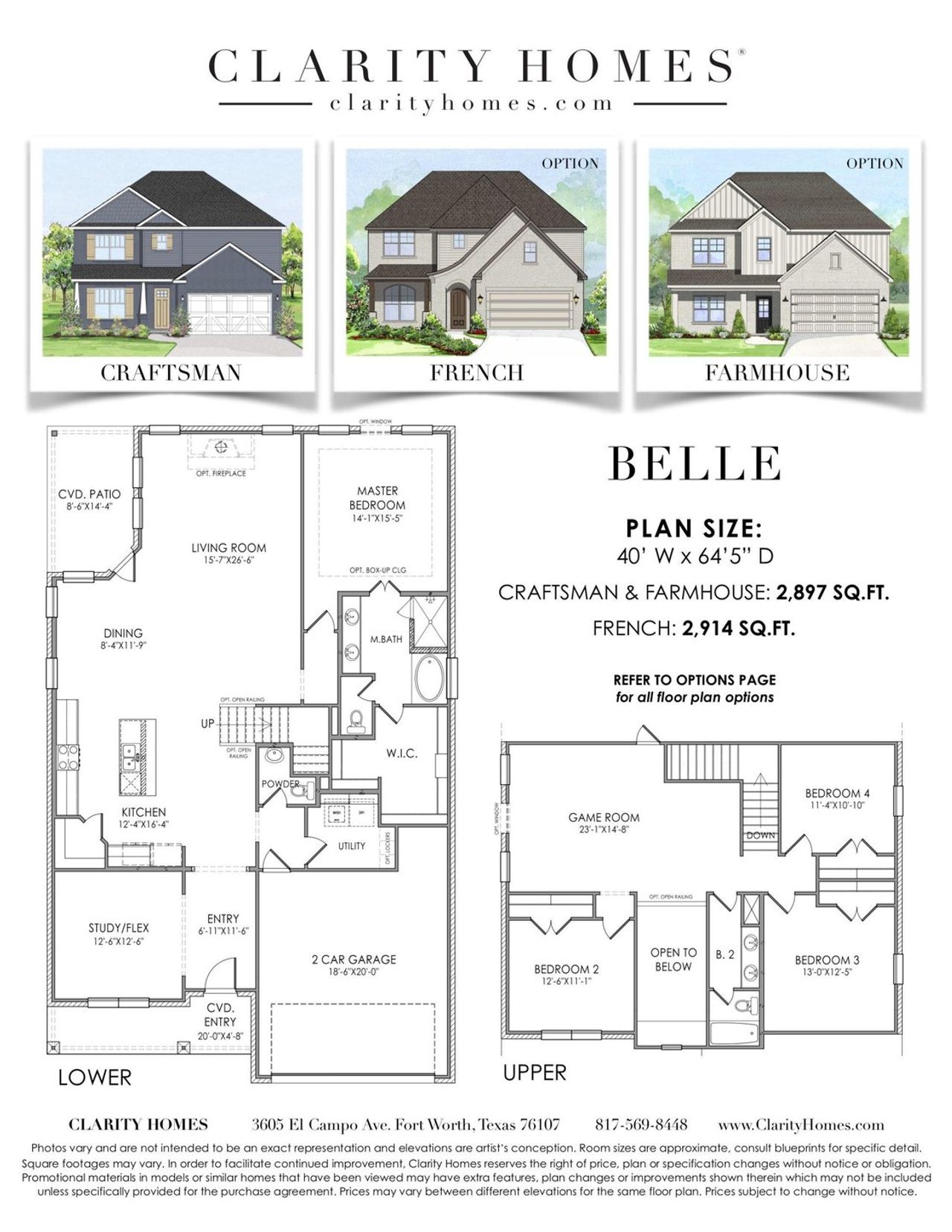 2D floor plan layout for the Belle by Clarity Homes in The Lakes At Park Of Aledo, Aledo, TX (Image 2).