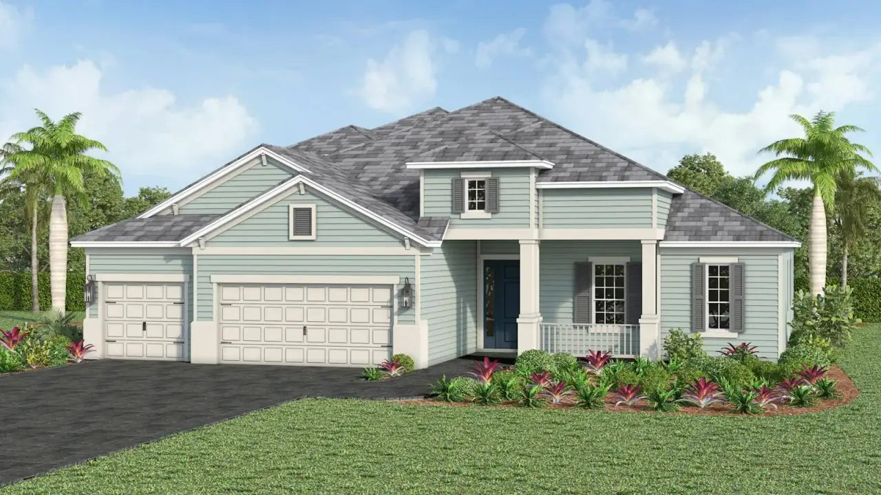 Front exterior of a new home in Kingston South Real Estate and Homes for Sale in Estero, FL - Neal Communities, Estero, FL, highlighting curb appeal (Image 2). Front exterior of a new home in Kingston South Real Estate and Homes for Sale in Estero, FL - Neal Communities, Estero, FL, highlighting curb appeal (Image 2).