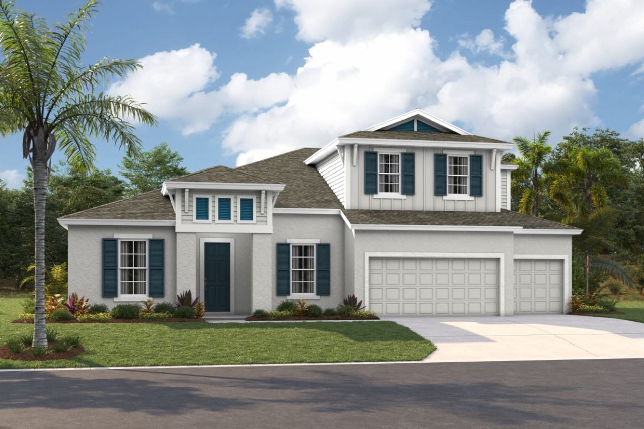 Representative exterior photo of a completed home built from the Key Largo II by Homes by WestBay in Pasadena Woods, Wesley Chapel, FL (Image 2). Representative exterior photo of a completed home built from the Key Largo II by Homes by WestBay in Pasadena Woods, Wesley Chapel, FL (Image 2).