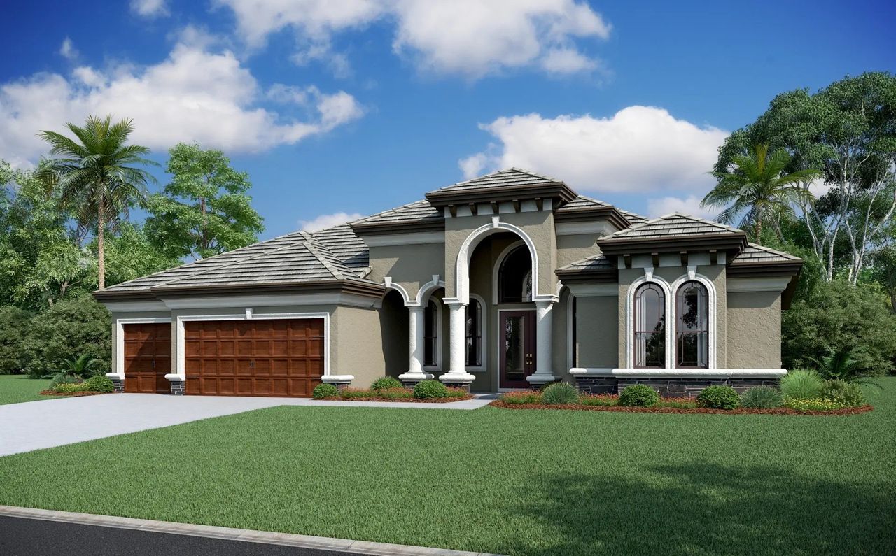 Representative exterior photo of a completed home built from the Roma by Vitale Homes in Hidden Ridge, New Port Richey, FL (Image 2). Representative exterior photo of a completed home built from the Roma by Vitale Homes in Hidden Ridge, New Port Richey, FL (Image 2).