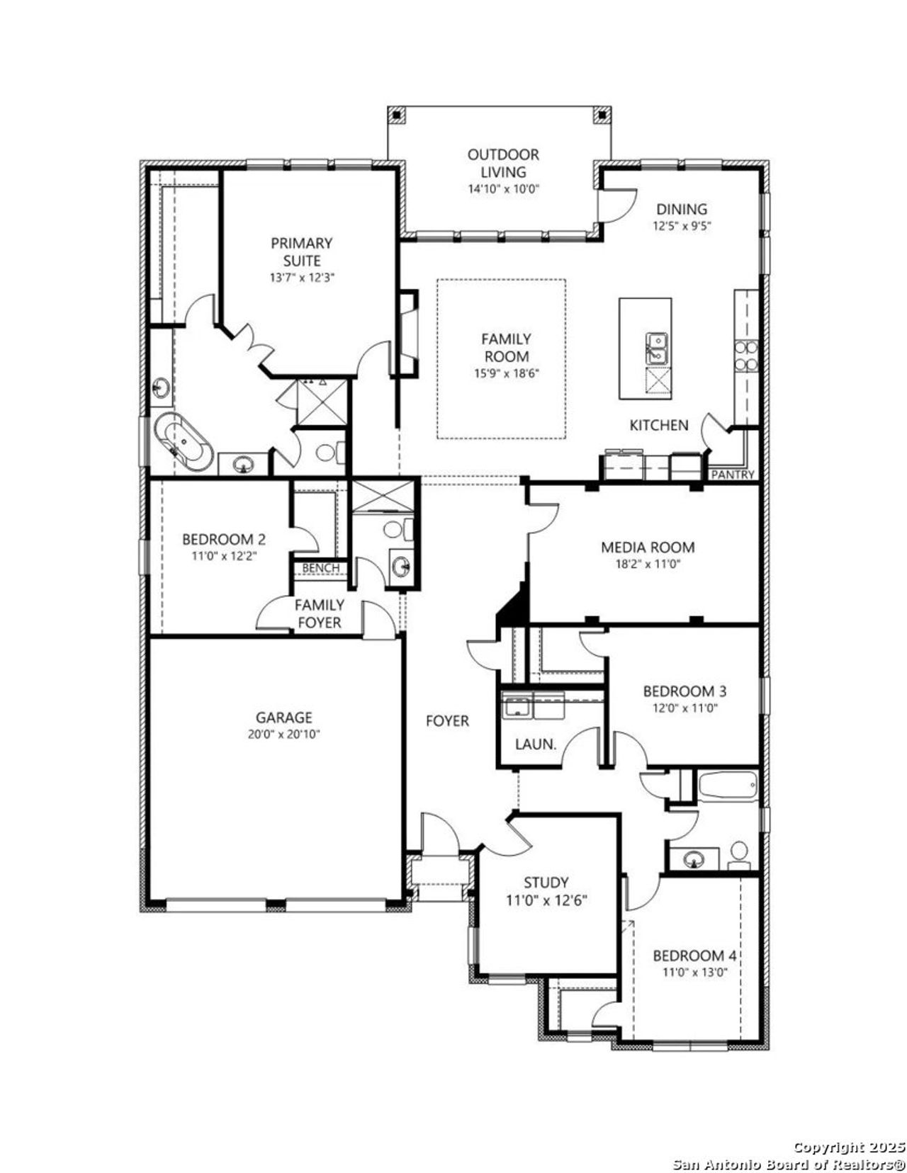 2D floor plan layout of this home in Ventana - 60', Bulverde, TX (Image 2).